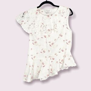 Sea New York White Eyelet Ruffle Pink Floral Asymmetrical Peplum Blouse Top 6